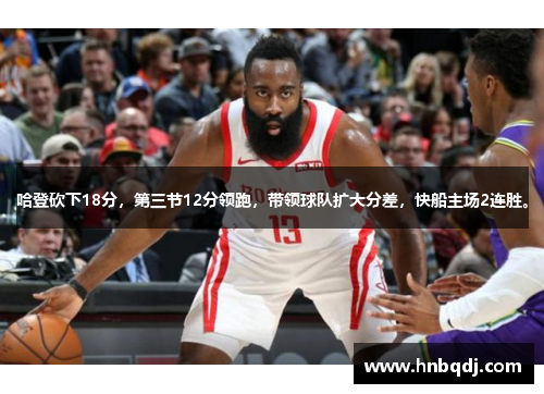 哈登砍下18分，第三节12分领跑，带领球队扩大分差，快船主场2连胜。